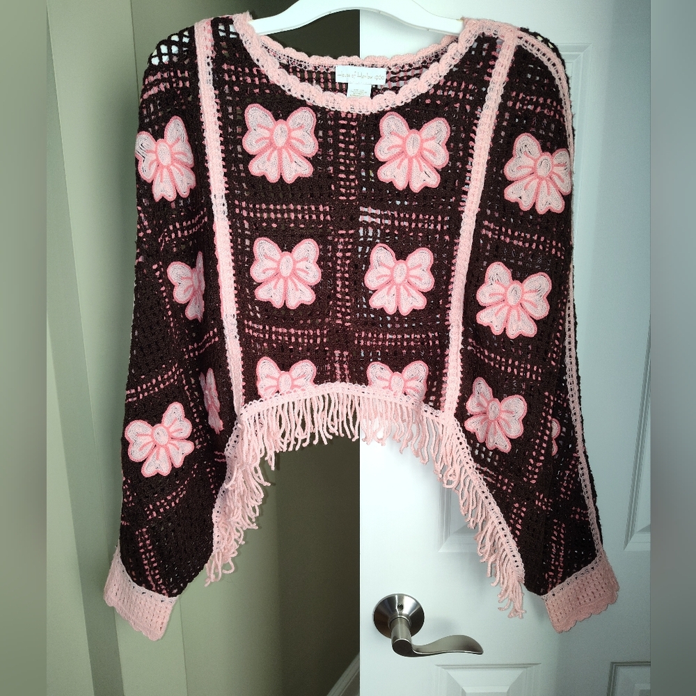 OS - House of Harlow 1960 Crochet Floral Knit Fringe Poncho Sweater